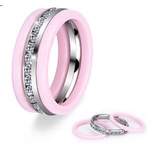 Pink Ceramic Cubic‎ Zirconia Ring Set | Jewelry | Stackable Band Women
